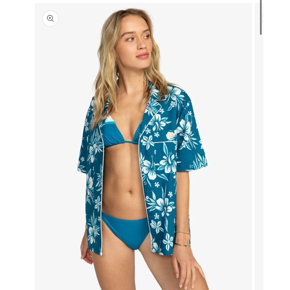 ROXY Mai Tai Size Small Blue Hawaiian Tropical Button Front Collared Short Sleev